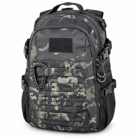 TACTICAL BACKPACK WITH MODULAR WEBBING & MESH SIDE POCKETS – MULTI-COMPARTMENT OUTDOOR DAYPACK (Color: black camo)