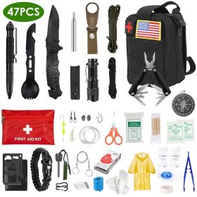 47-Piece Emergency Survival Kit with First Aid Supplies – Tactical Camping Gear, Flashlight, Compass, Fire Starter & Portable Carrying Bag (Color: Black)